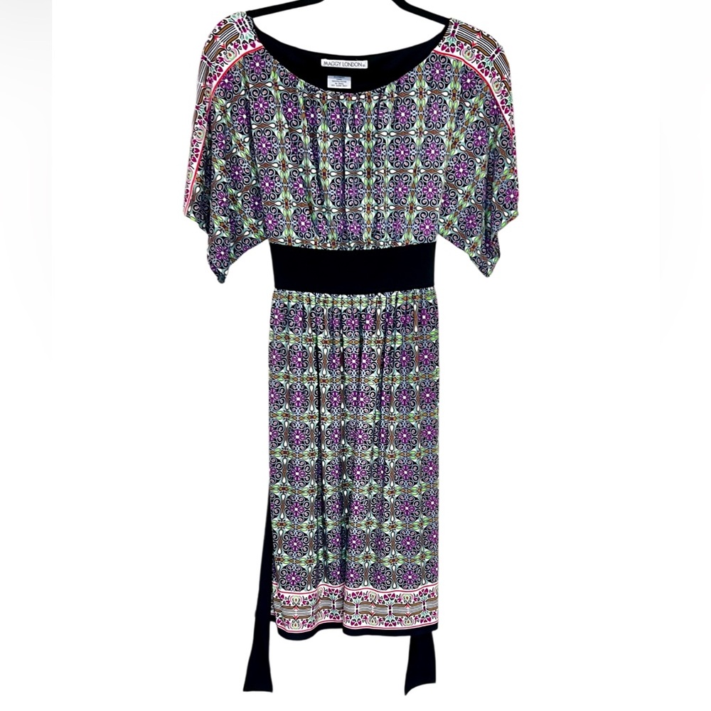 Maggy London Floral Geometric Blouson Dress Size 12 Black Waist Tie Lined - Picture 3 of 11